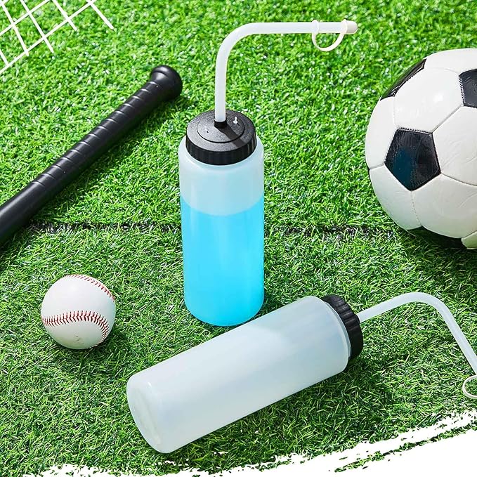 Domensi 4 Pack 1 Liter Sports Water Bottle W/long Straw Hockey Lacrosse Water Bottle with Straw Bpa Free Squeeze Plastic Use Sport Helmet in Football Baseball Gym(Translucent,Classic)-GravixFit