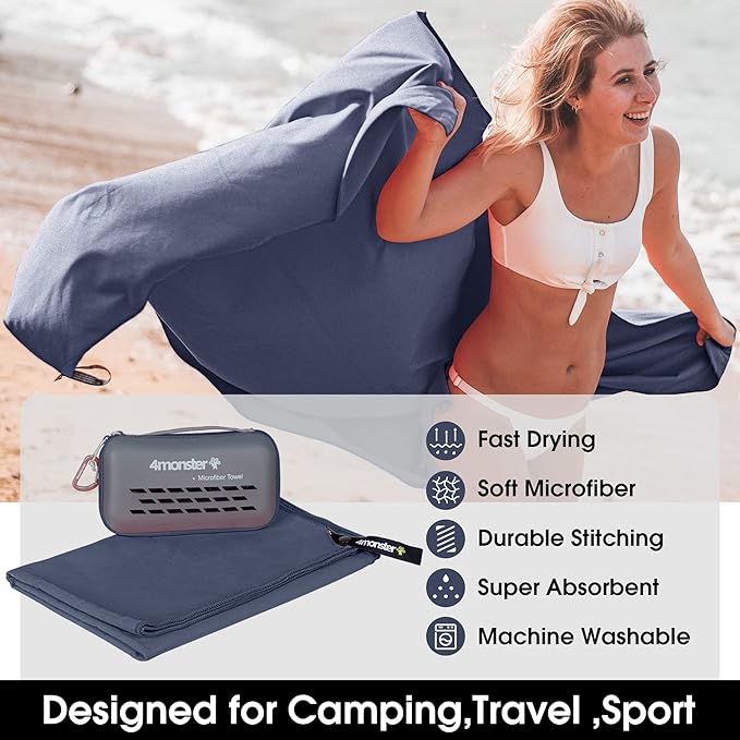 4Monster Camping Towels Super Absorbent, Fast Drying Microfiber Travel Towel, Quick Dry Ultra Soft Compact Gym Towel for Swimming Beach Hiking Yoga Travel Sports Backpack (31.50" x 15.80", Navy Blue)-GravixFit