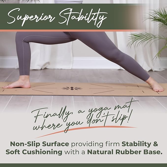 Premium Yoga Cork Mat | 5mm Thick Natural Tree Rubber Base and Bigger Mat for Extra Support, Alignment lines for Guidance | Non-Slip, Natural & Eco-friendly, Your Ultimate Eco-Friendly Yoga Companion-GravixFit