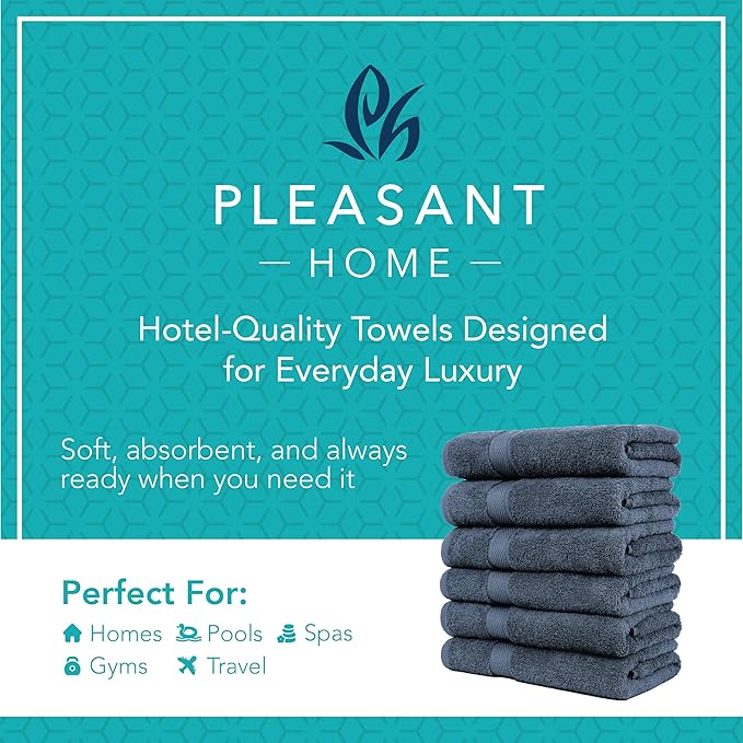 Pleasant Home Bath Towels Set of 6 (24” x 50”) 100% Cotton, 515 GSM | Lightweight, Soft & Absorbent Luxury Towels for Bathroom | for Gym, Pool & Spa | 6 Pack, Navy-GravixFit