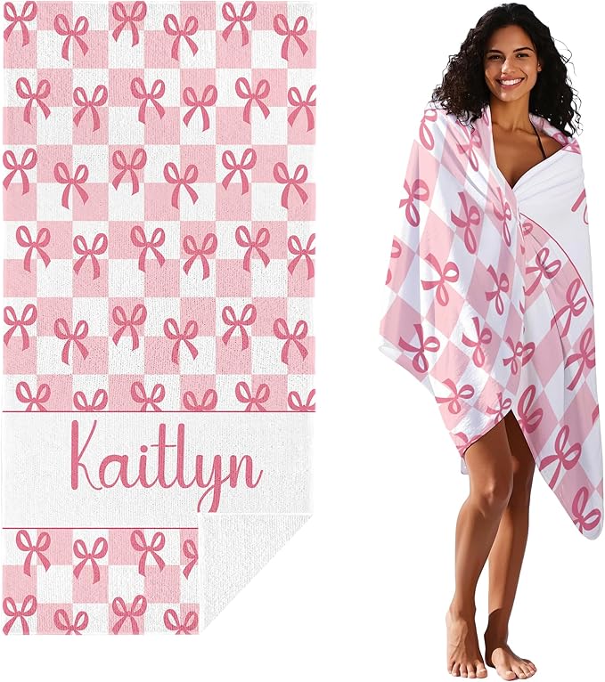 JML Personalized Beach Towel with Name, Custom Beach Towel with Text, Customized Bow Microfiber Pool Towel, Quick Dry & Absorbent Swim Towel for Adult,Anniversary, Birthday, Summer Holiday,Vacation-GravixFit