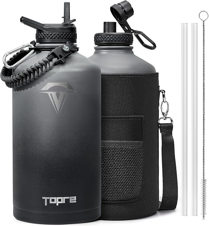 128 oz Insulated Water Bottle,One Gallon Water Flask Stainless Steel Vacuum, Cold for 48 Hrs,BPA-Free & Leakproof -with Paracord Handle, Strap,Straw Spout Lids,Large Jug for Gym,Grey-GravixFit