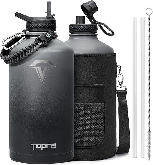128 oz Insulated Water Bottle,One Gallon Water Flask Stainless Steel Vacuum, Cold for 48 Hrs,BPA-Free & Leakproof -with Paracord Handle, Strap,Straw Spout Lids,Large Jug for Gym,Grey-GravixFit