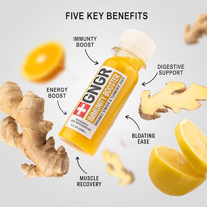 '+GNGR Immunity Booster Organic Ginger and Turmeric Shot - Cold Pressed Ginger Shots with Turmeric, Cayenne Pepper, Orange, Lemon for All Natural Immune & Digestive Support (2 Oz, Pack of 12)-GravixFit