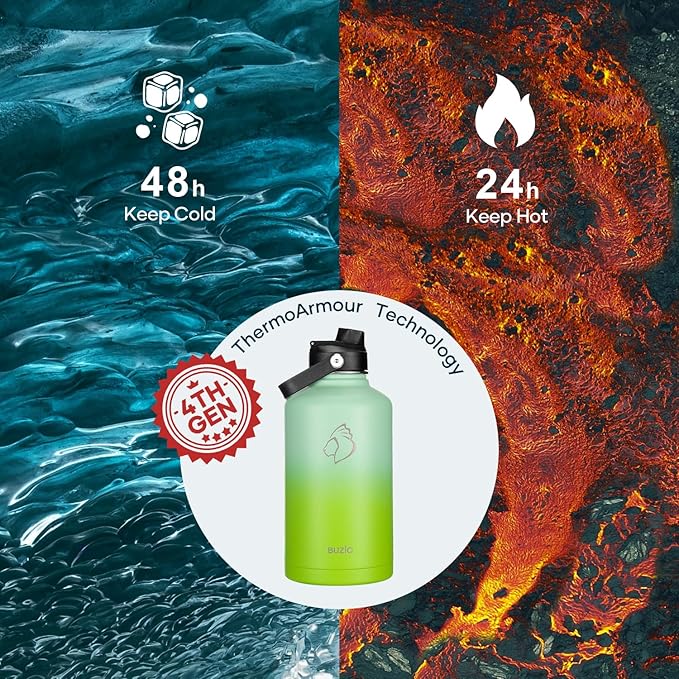 BUZIO 64oz Insulated Water Bottle, Triple Wall Stainless Steel (Cold for 48 Hrs) Leakproof Half gallon Jug/Flask with Straw Lid and Carry Bag for Sports Hiking, Camping, Gradient Green-GravixFit