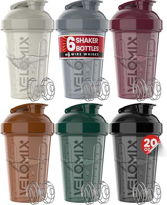 '-6 PACK- Shaker Cups for Protein Shakes 20 oz - 6x Wire Whisk | Leak Proof Protein Shaker Bottle for Protein Shakes, Shaker Bottle Pack for Pre & Post Workout, Shaker Cup (Mood Tones)-GravixFit