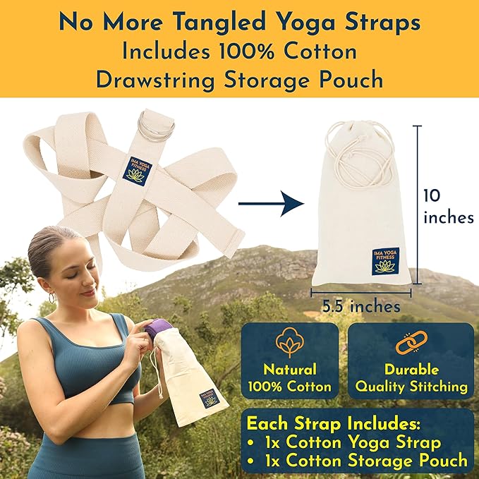 Adaptive Yoga Strap, Stretching Strap, 2 Inches Wide, 100% Naturally Soft Cotton, Steel D-Rings, Includes Natural Cotton Drawstring Storage Pouch and Instructional E-Book-GravixFit