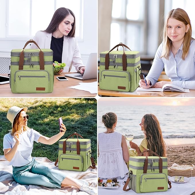 Maelstrom Lunch Bag Women,23L Insulated Lunch Box For Men Women,Expandable Double Deck Lunch Cooler Bag,Lightweight Leakproof Lunch Tote Bag With Side Tissue Pocket,Green-GravixFit