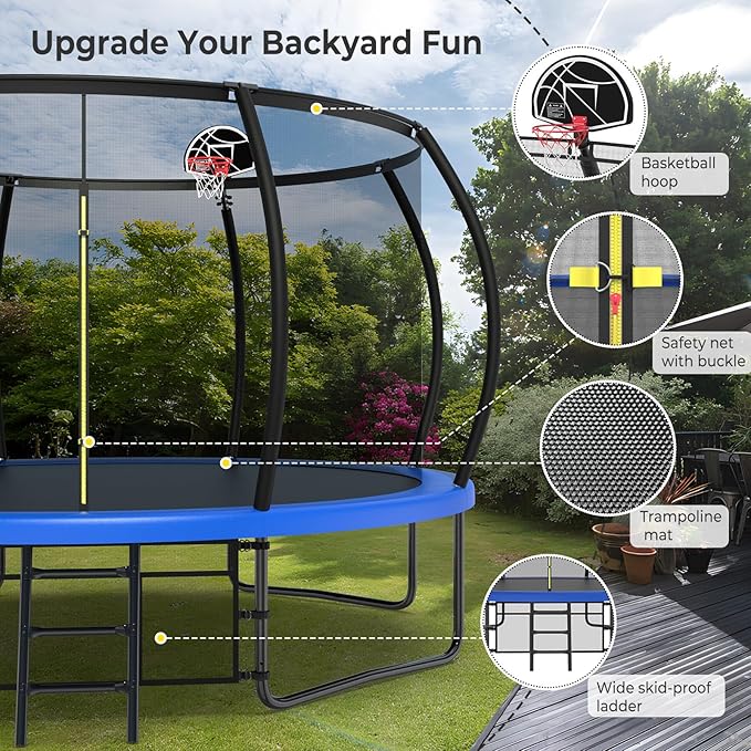 10 12 14 15 16FT Outdoor Trampolines for Kids and Adults, Pumpkin Trampoline with Curved Poles, Recreational Trampoline with Basketball Hoop and Safety Enclosure Net for Kids and Adults-GravixFit