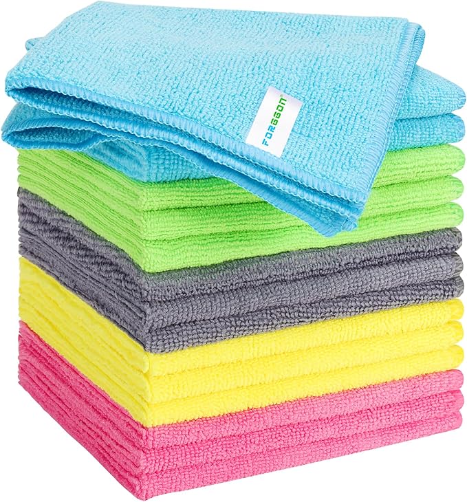 Microfiber Cleaning Cloth, Pack of 15, Lint Free, Absorbent, Streak Free, Non-Abrasive, Reusable and Washable，Cleaning Towels with 5 Color Assorted,11.5"X11.5"(Green/Blue/Yellow/Pink/Grey)-GravixFit