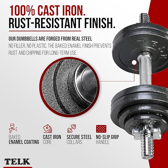 TELK – Adjustable Dumbbell Set – Home Gym Weight Set with Baked Enamel Cast Iron Plates – Space-Saving Free Weights for Strength Training-GravixFit