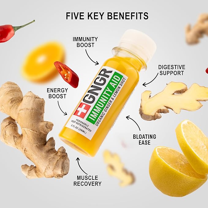 '+GNGR Immunity Aid Organic Ginger and Lemon Shot - Cold Pressed Ginger Shots with Echinacea, Lemon Juice, Honey, Zinc & Vitamin D3, Immune & Digestive Support (2 Oz, Pack of 12)-GravixFit