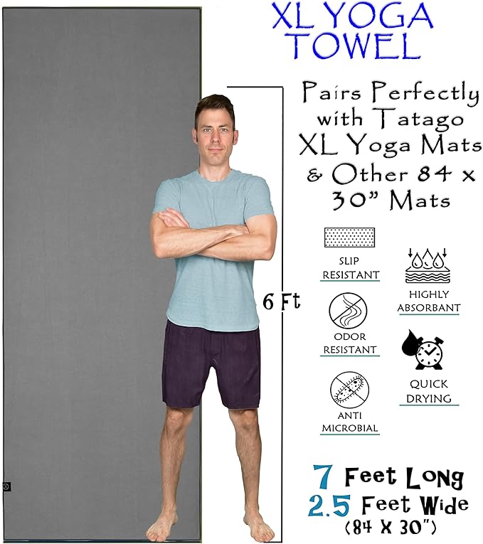 Tatago Hot Yoga Mat Towel Non Slip for Hot Yoga (72-84 inch Mats) Our Hot Yoga Towel Non Slip Silicone Dabs & Absorbent Microfiber Blend Gives You More Grip As You Drip! (Nube Gris, XL - 84")-GravixFit