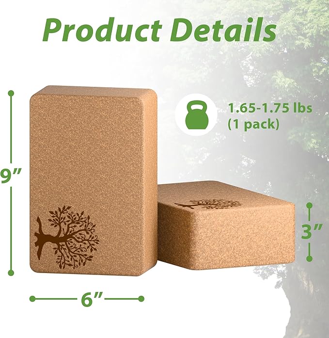 Cork Yoga Blocks 2 Pack Set, Natural Cork Soft Non-Slip Yoga Blocks, High Density & Eco Friendly Yoga Accessories for Women| Men, Ideal for Yoga, Pilates, Stretching and Toning-GravixFit