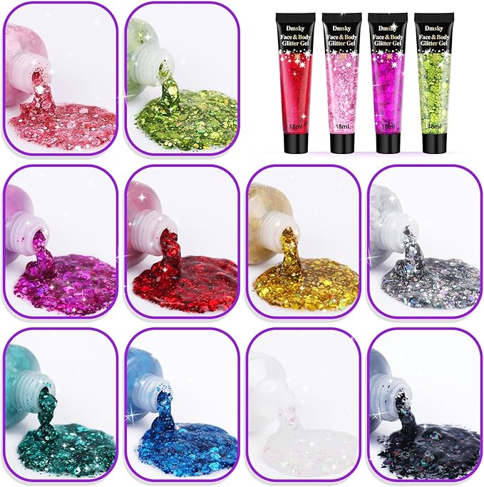 10 Colors Body Glitter,Face Glitter Makeup for Kids Women,Sparkly Chunky Hair Glitter for Eye Lip Hair Nails,Mardi Gras Glitter Makeup Face Paint,Singer Concerts Disco Rave Festival Accessories-GravixFit