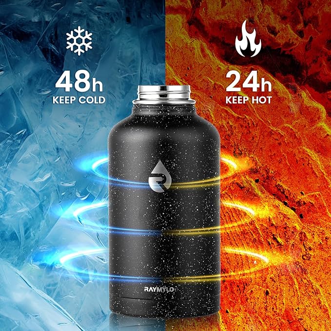 64oz Insulated Water Bottle, Triple Wall Vacuum Stainless Steel Water Bottles - Keeps Cold 48H, Reusable Half Gallon Jug for Gym, Sports, Camping, Hiking,Travel, Black Speckled-GravixFit