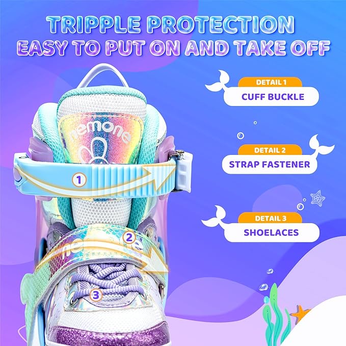 NEMONE Mermaid Inline Skates, 4 Sizes Adjustable Skates for Girls Kids with Light up Wheels, Indoor Beginner Outdoor for Kids Ages 4-6 5-8 6-12 8-12-GravixFit