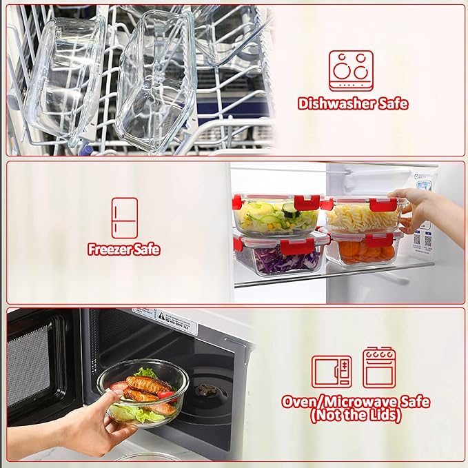 M MCIRCO 24-Piece Glass Food Storage Containers with Locking Lids,Glass Meal Prep Containers Set - Airtight Lunch Containers, Microwave, Oven, Freezer and Dishwasher, Red-GravixFit