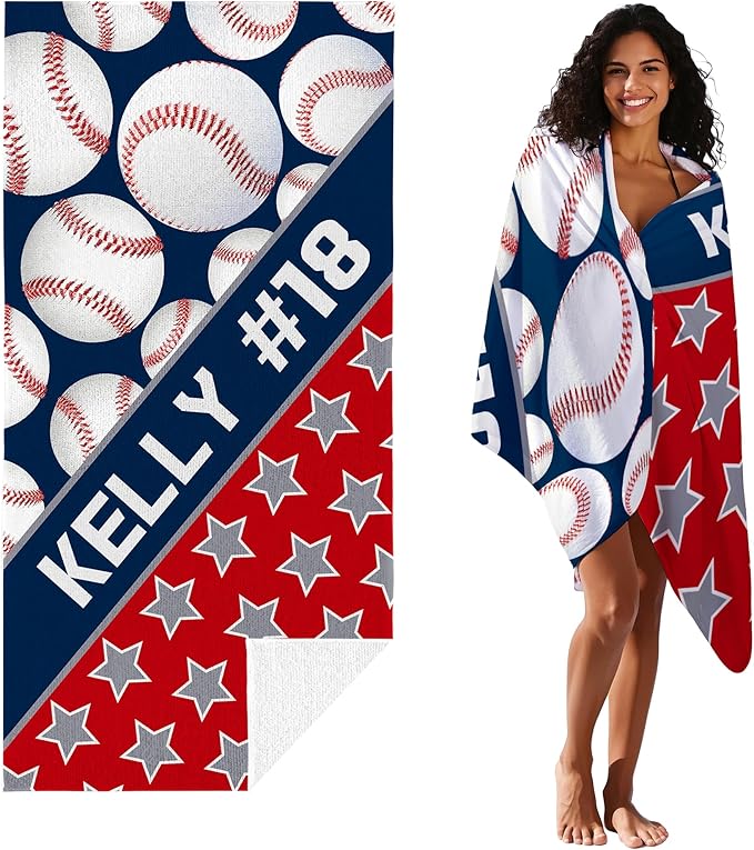Personalized Beach Towel With Name, Custom Beach Towel with Text, Customized Microfiber Pool Towel, Quick Dry & Absorbent Swim Towel for Adult,Anniversary, Birthday, Summer Holiday,Vacation,Baseball-GravixFit