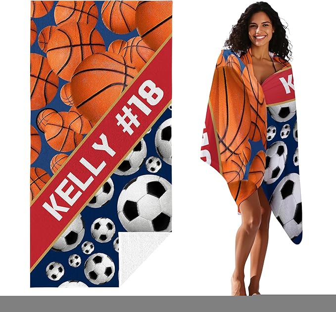 Personalized Beach Towel With Name, Custom Beach Towel with Text, Customized Basketball Football Microfiber Pool Towel, Quick Dry & Absorbent Swim Towel for Adult,Anniversary, Birthday, Summer Holiday-GravixFit