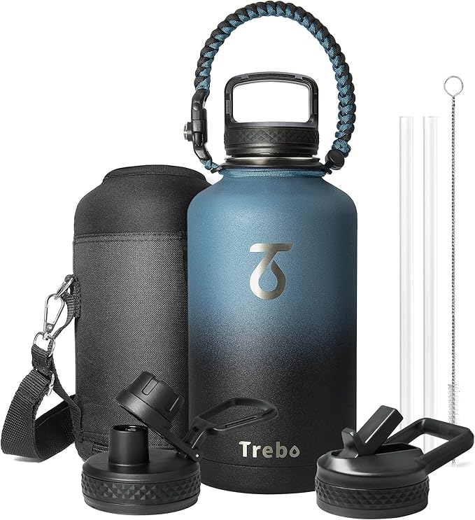 Trebo Water Bottle Insulated 40oz with Paracord Handle, Vacuum Double Wall Stainless Steel Water Jug, 48hr Cold Retention, Leakproof BPA-Free Flask With 3 Lids Fits in Car Cup Holder, Indigo/Black-GravixFit