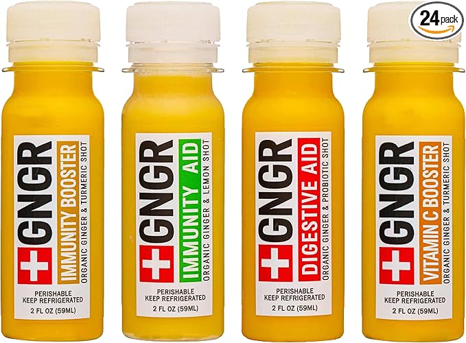 '+GNGR 24 Shots Variety Pack of Organic Immunity Boosting Ginger Shots - Cold Pressed Ginger Shots for All Natural Digestive and Immune Support - Nothing Artificial - USDA Organic (2 Fl Oz, 24 Pack)-GravixFit