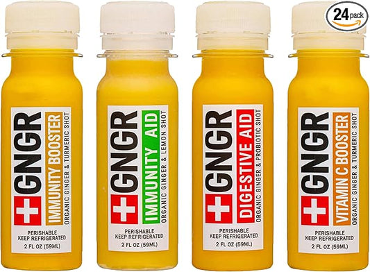 '+GNGR 24 Shots Variety Pack of Organic Immunity Boosting Ginger Shots - Cold Pressed Ginger Shots for All Natural Digestive and Immune Support - Nothing Artificial - USDA Organic (2 Fl Oz, 24 Pack)-GravixFit