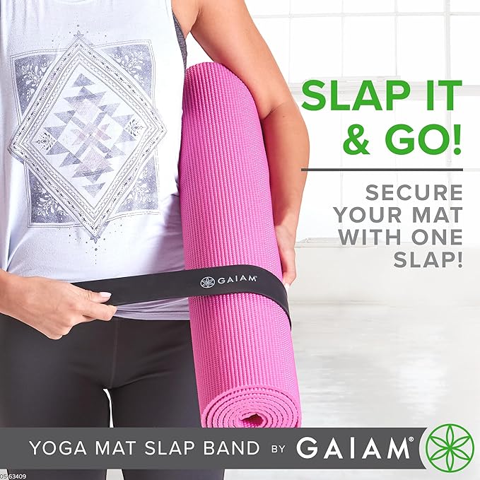 Gaiam Yoga Mat Strap Slap Band - Keeps Your Mat Tightly Rolled and Secure with One Snap - Strong Clasp for Yoga Mat Storage and Travel - Fits Most Size Mats (20"L x 1.5"W), Black-GravixFit