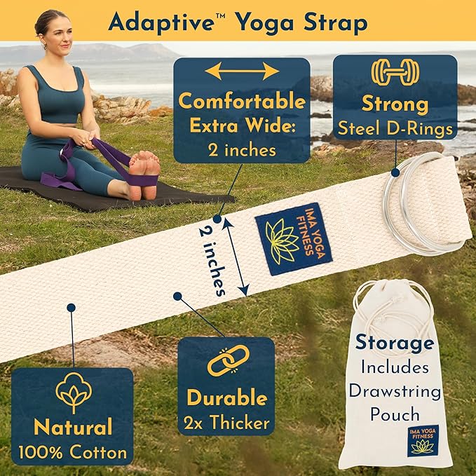 Adaptive Yoga Strap, Stretching Strap, 2 Inches Wide, 100% Naturally Soft Cotton, Steel D-Rings, Includes Natural Cotton Drawstring Storage Pouch and Instructional E-Book-GravixFit