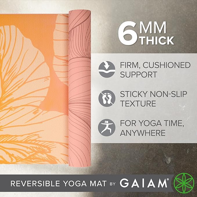 Gaiam Yoga Mat - Premium 6mm Print Reversible Extra Thick Non Slip Exercise & Fitness Mat for All Types of Yoga, Pilates & Floor Workouts (68" x 24" x 6mm Thick)-GravixFit