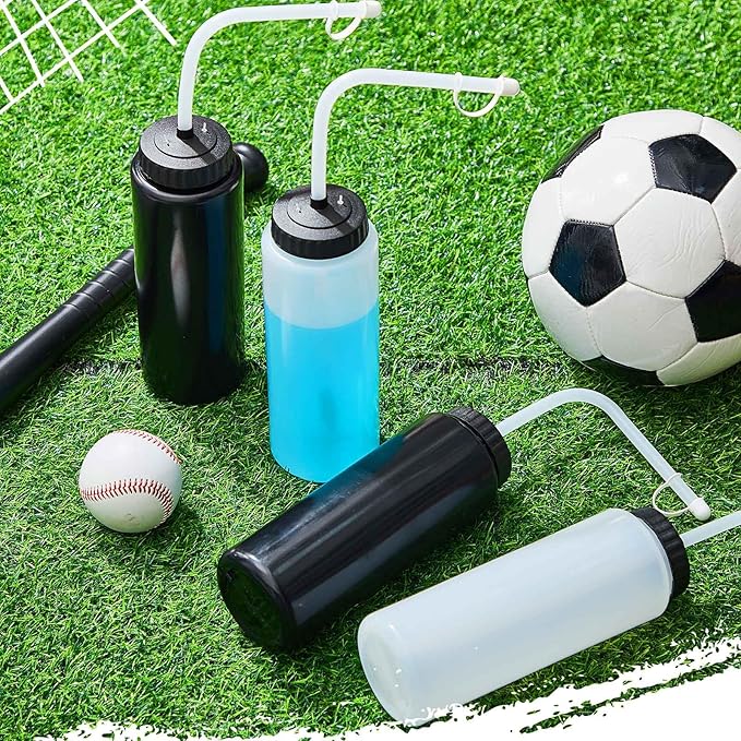 Domensi 4 Pack 1 Liter Sports Water Bottle W/long Straw Hockey Lacrosse Water Bottle with Straw Bpa Free Squeeze Plastic Use Sport Helmet in Football Baseball Gym(Black/translucent,Classic)-GravixFit