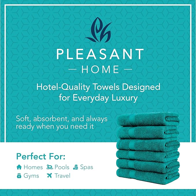 Pleasant Home Bath Towels Set of 6 (24” x 50”) 100% Cotton, 515 GSM | Lightweight, Soft & Absorbent Luxury Towels for Bathroom | for Gym, Pool & Spa | 6 Pack, Teal-GravixFit