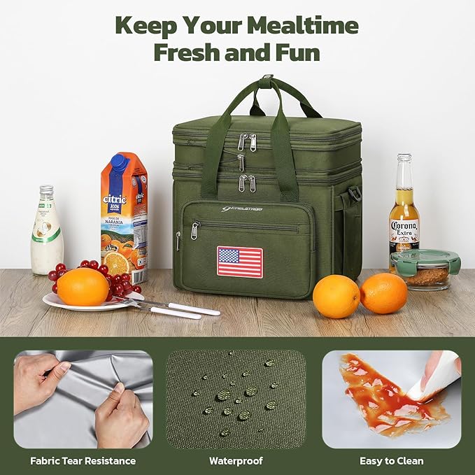 Maelstrom Tactical Lunch Box for Men, 23L Insulated Lunch Bag, Expandable Double Deck Cooler Bag, Lightweight Leakproof Tote Bag With Side Tissue Pocket, Suit For Men and Women, Army Green-GravixFit