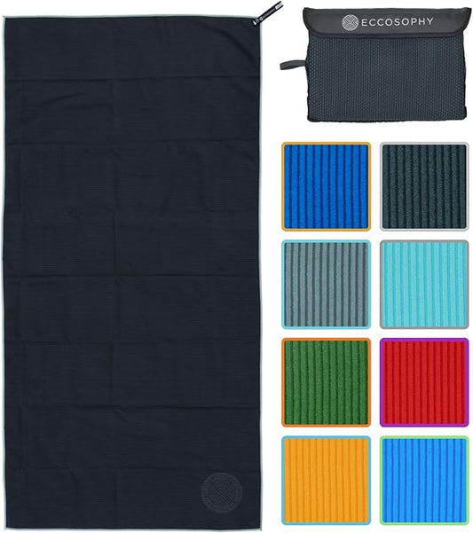 ECCOSOPHY Microfiber Beach Towel – Quick Dry Gym Towel, Highly Absorbent with Ribbed Texture, Lightweight – Ideal for Travel, Pool, Yoga, Fitness & Outdoor Adventures – 60x30 Black-GravixFit