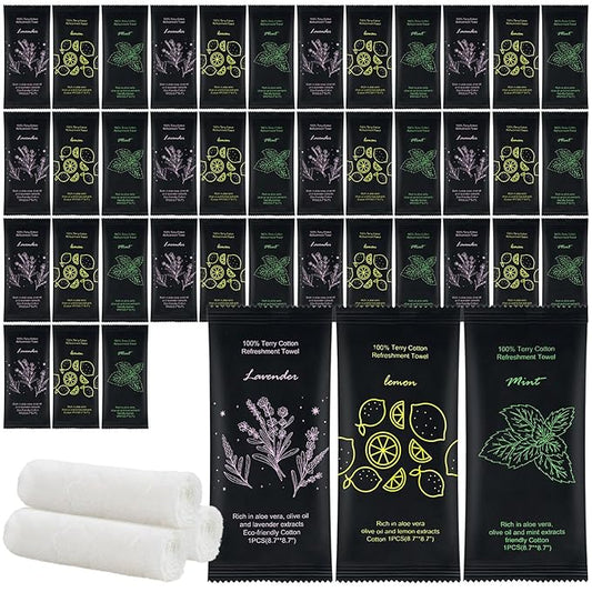 Moist Cotton Towel Bulk Moist Towelettes Individually Wrapped 8.7" x 8.7",White Towel Services,Refreshment Pre Moistened Towels Lavender, Lemon and Mint for Sport Party Spa （pack of 60)-GravixFit