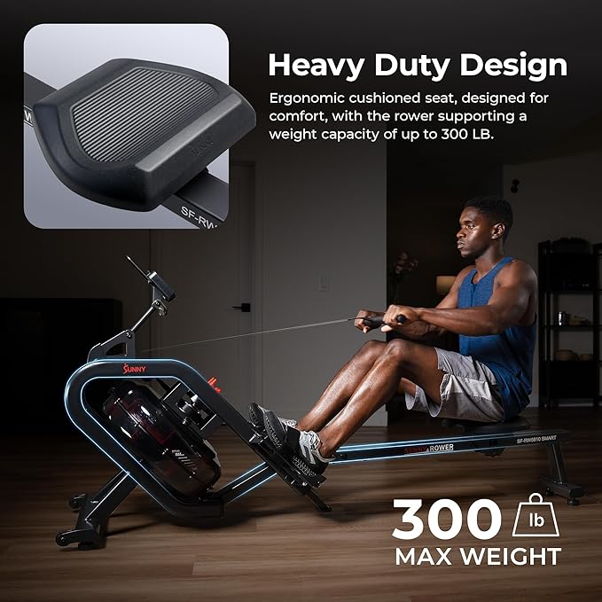 Sunny Health & Fitness Flip & Foldable Rowing Machine for Home w/Extended Slide Rail, Full-Body Workout, Low-Impact, Optional Extra Long Rail, Quiet Rail Cover, Water Motion and Free SunnyFit App-GravixFit