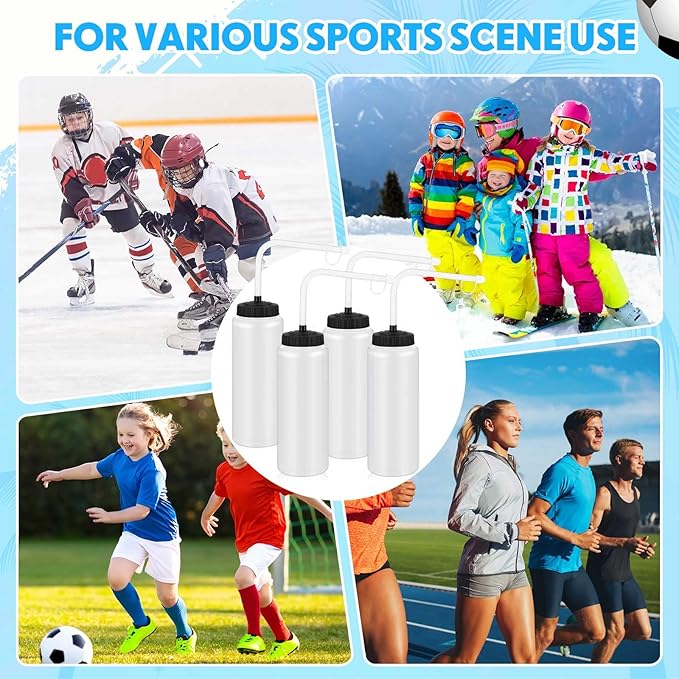 Domensi 4 Pack 1 Liter Sports Water Bottle W/long Straw Hockey Lacrosse Water Bottle with Straw Bpa Free Squeeze Plastic Use Sport Helmet in Football Baseball Gym(Translucent,Classic)-GravixFit
