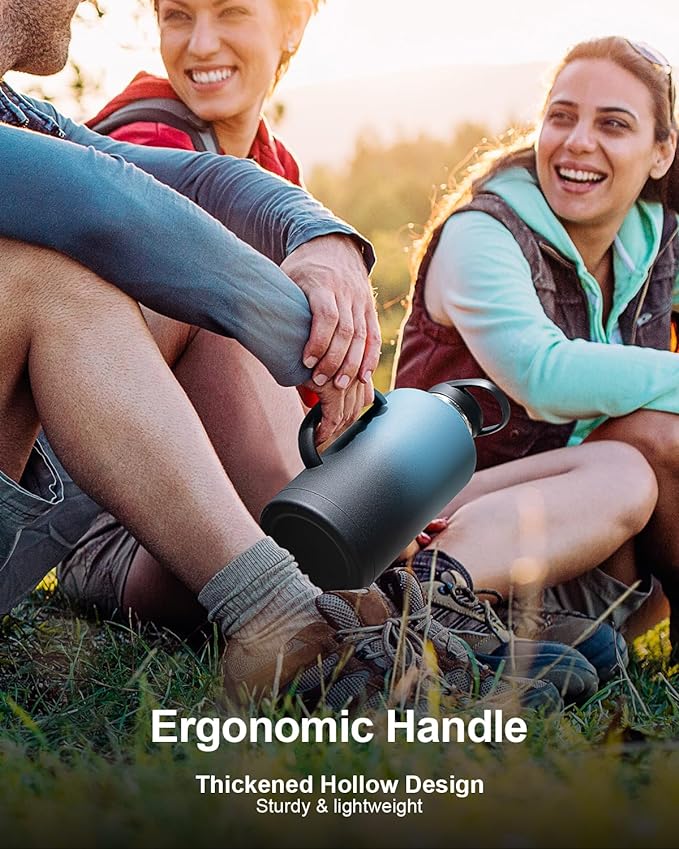 Trebo 64 oz Water Bottle Insulated with Handle, Half Gallon Stainless Steel Metal Large Jug, Travel Flask with Straw Spout Lid, Mug Tumbler Cup with Carry Pouch, Keep Cold Hot, Indigo Black-GravixFit