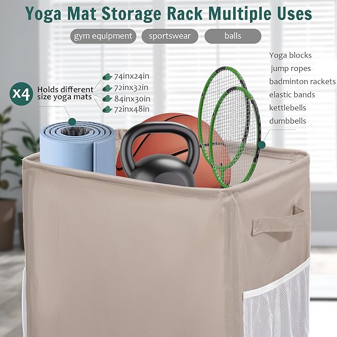 Yoga Mat Storage Racks, Home Gym Storage Rack with Wheels, Yoga Mat Holder Side 2 Mesh Pockets, Yoga Storage Basket Holds 4 Yoga Mats, 2 Foam Rollers, 6 Resistance Bands-GravixFit