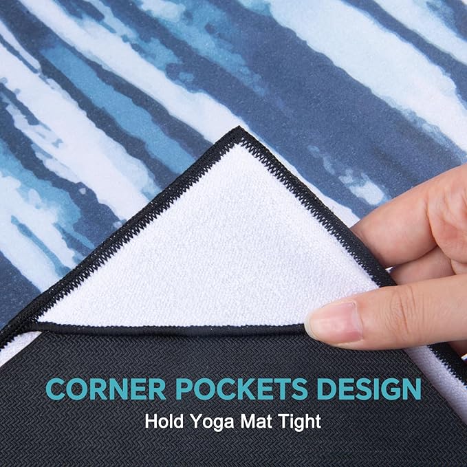 QiyI Yoga Mat Towel with Corner Pockets, Non Slip Sweat Absorbent Hot Yoga Towels, Soft Yoga Blankets with Travel Bag, Skidless Mat Cover for Workout, Gym, Fitness - 70"x26", Blue White Tie Dye-GravixFit
