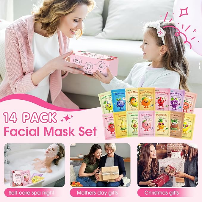 14 Pack Fruit Face Masks Skincare for Kids, Sheet Hydrating Facial Mask for All Skin Types, Bulk Collagen Face Mask for Women Skin Care, Birthday Party Spa Gifts for Teens Girls-GravixFit