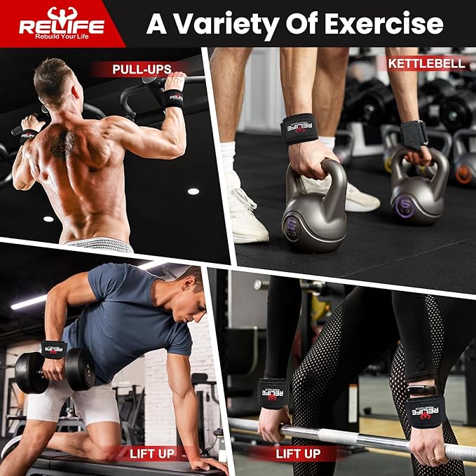 RELIFE REBUILD YOUR LIFE Lifting Hooks for Men and Women(Pair), Pull Up Straps, Gym Reapers Lifting Wrist Grips, Heavy Powerlifting, Lifting Hooks for Weight Lifting-GravixFit