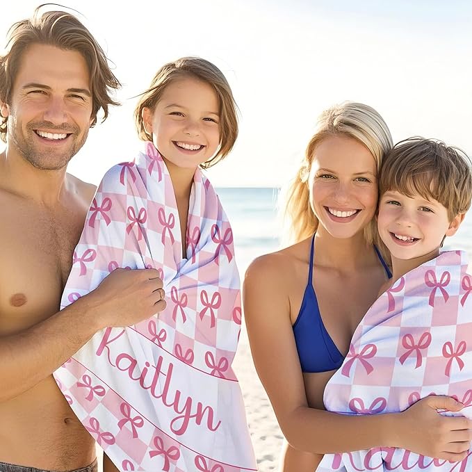 JML Personalized Beach Towel with Name, Custom Beach Towel with Text, Customized Bow Microfiber Pool Towel, Quick Dry & Absorbent Swim Towel for Adult,Anniversary, Birthday, Summer Holiday,Vacation-GravixFit