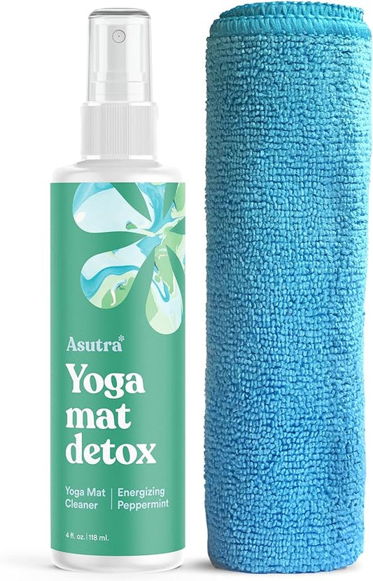 ASUTRA Yoga Mat Cleaner Spray (Energizing Peppermint), 4 fl oz - No Slippery Residue, Organic Essential Oils, Deep-Cleansing for Fitness Gear & Gym Equipment, Microfiber Towel Included-GravixFit