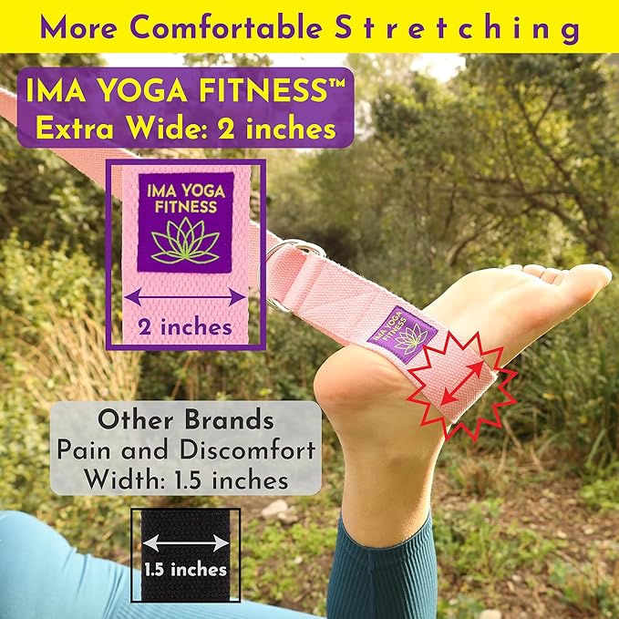 Adaptive Yoga Strap, Stretching Strap, 2 Inches Wide, 100% Naturally Soft Cotton, Steel D-Rings, Includes Natural Cotton Drawstring Storage Pouch and Instructional E-Book-GravixFit