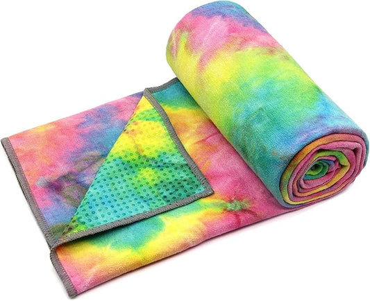 Eunzel Yoga Towel,Hot Yoga Mat Towel with Grip Dots Sweat Absorbent Non-Slip for Hot Yoga, Pilates and Workout 24" x72", Yellow & Blue & Pink-GravixFit