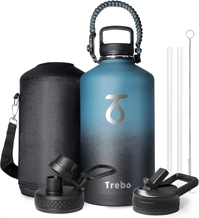 Trebo One Gallon Water Bottle Insulated with Paracord Handle,128oz Large Stainless Steel Water Jug,Vacuum Double Wall Insulated 24hr Cold Retention,Leakproof Flask with 3 Lids,Indigo Black-GravixFit