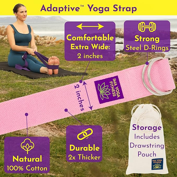 Adaptive Yoga Strap, Stretching Strap, 2 Inches Wide, 100% Naturally Soft Cotton, Steel D-Rings, Includes Natural Cotton Drawstring Storage Pouch and Instructional E-Book-GravixFit