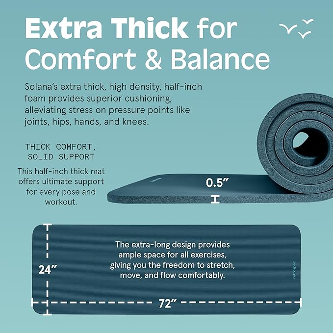 Retrospec Solana Yoga Mat 1/2" Thick w/Nylon Strap for Men & Women - Non Slip Exercise Mat for Yoga, Pilates, Stretching, Floor & Fitness Workouts-GravixFit