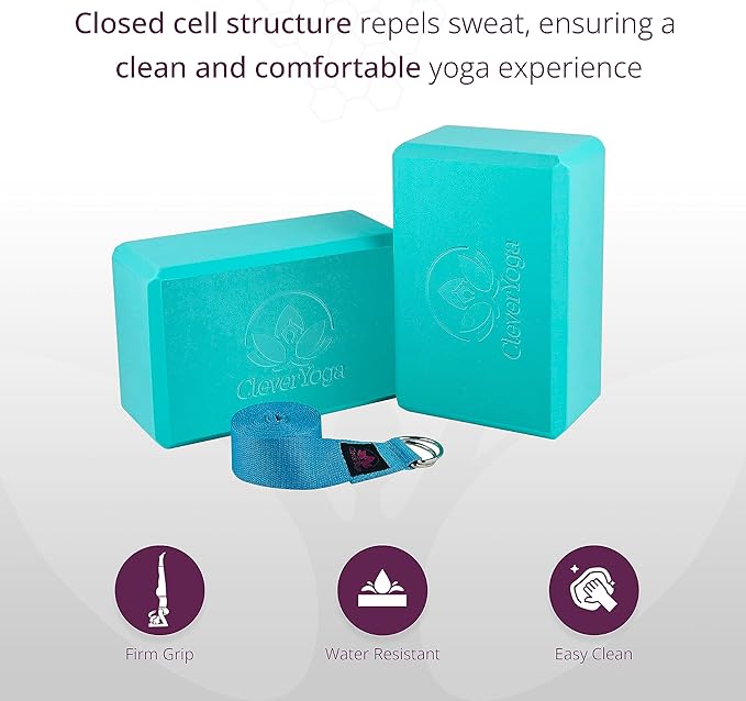 Clever Yoga Blocks 2 Pack with Strap - Extra Light Weight Sweat Repelling Foam Yoga Block Set with Cotton 8ft Yoga Stretch Strap - Yoga Block and Strap Set Kit for Beginner to Pro - Exercise-GravixFit